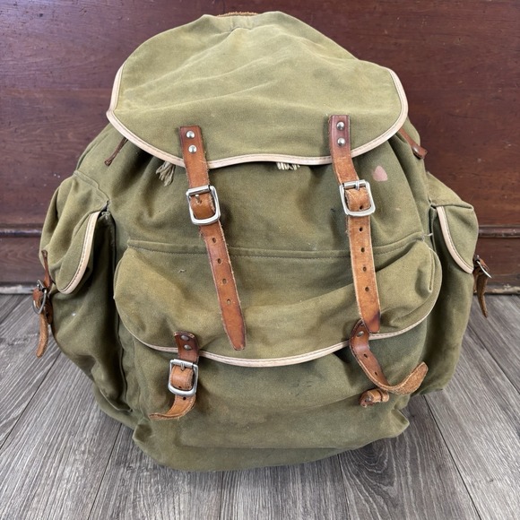Other - Vintage Rare Army Military Metal Framed‎ Canvas Leather Backpack Ruck Sack